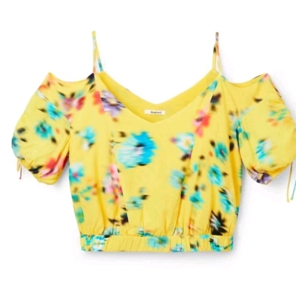 Desigual Womens Yellow Gathered Floral Blouse L - Picture 1 of 14